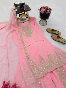 Conjunto de traje Sharara de georgette de zorro premium con bordado de lentejuelas, elástico, de secado rápido, reversible, top de diseñador y dupatta para mujer - Product Image 5