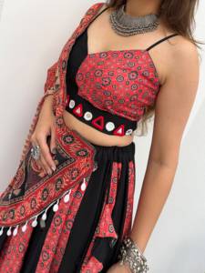 Indian Women's <b>Red</b> <b>Black</b> Printed Lehenga Choli Set Traditional <b>Wedding</b> Wear Floor-Length Polyester <b>Dress</b> Stretchable Loose Fit - Product Image 3