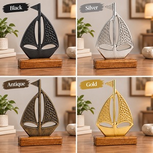 Figura Decorativa de Velero Náutico en Metal sobre Base de Madera, Decoración Moderna para Mesa de Salón u Oficina - Product Image 3
