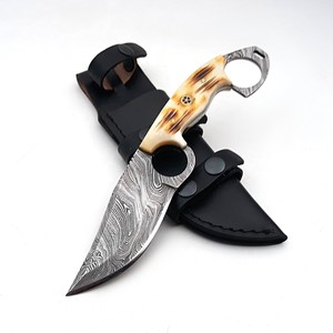 Cuchillo de acampada de hoja fija de acero de Damasco de grado industrial UA Supplies, mango de cuero, punta caída, 0.5mm de grosor, 9 pulgadas, 1 unidad - Product Image 1