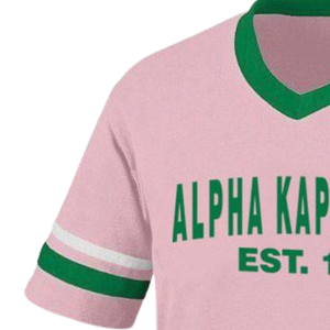 Camiseta Casual de Sorority AKA Boyfriend Style Founders Jersey Rosa Claro Verde con Cuello en V y Manga a Rayas - Product Image 3
