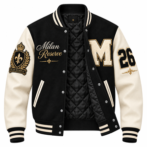 แจ็คเก็ตเบสบอลแบบ Varsity สีดำรุ่น Custom Milan Reserve สำหรับคลับหรูหรา พร้อมบริการขายส่งแบบ OEM ODM  ปักอักษรแบบ Letterman และปักโลโก้แบบ Chenille ตามสั่ง - Product Image 4