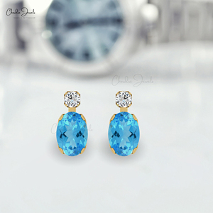 Pendientes de Oro Sólido de 14K con Topacio Azul Suizo Natural y Diamantes, Corte Ovalado 7x5mm, Cierre a Presión, Regalo de Piedra de Nacimiento de Diciembre para Mujer - Product Image 6