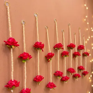 Décoration murale florale avec pompons perlés et roses rouges pour la décoration de mariage, décoration romantique pour salon intérieur - Product Image 6