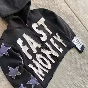 Sweat-shirt à capuche zippé en polaire imperméable et coupe-vent pour homme, style streetwear hiver, avec lettres appliquées, Fast Money Black - Product Image 2