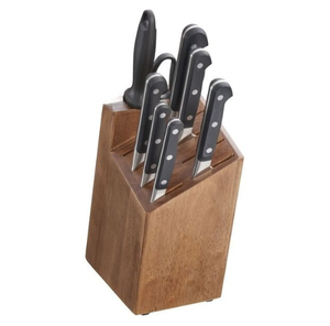 Ensemble de couteaux de cuisine en bois brun avec manches rivetés noirs, lames argentées et aiguiseur pour trancher, hacher et préparer les aliments - Product Image 1