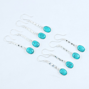 Pendientes Colgantes de Turquesa Natural, Plata de Ley Martillada, Joyería con Piedras Preciosas, Estilo Boho, Proveedores Mayoristas - Product Image 4