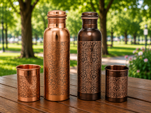 Ensemble cadeau de bouteille d'eau en cuivre personnalisée avec verres assortis, plateau de service décoratif, vaisselle ayurvédique, vente en gros OEM - Product Image 2