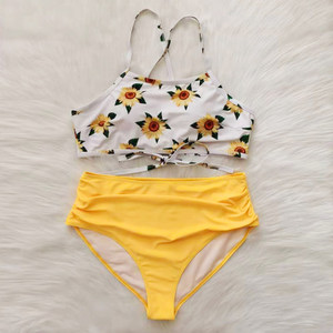 Women's Yellow Bikini Set <b>Crossed</b> Halter <b>Top</b> High Waist Bottom Contrast Binding Spandex Polyester Stretch Eco-Friendly Quick Dry - Product Image 6