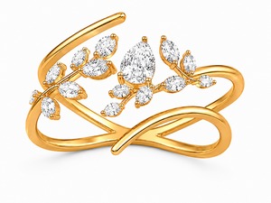 Anillo de compromiso de oro amarillo chapado para mujer con diamante talla pera, diseño de plantas, estilo romántico, engaste de puntas - Product Image 3
