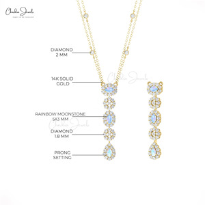 Collier Halo en Or Massif 14 carats avec Pierre de Lune Arc-en-ciel Naturelle 5x3mm et Diamant Blanc, Collier Lariat – Fournisseurs en Gros - Product Image 4