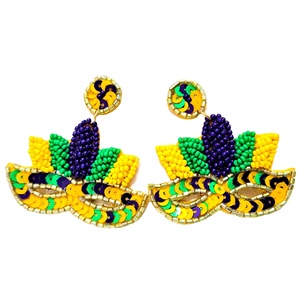 Vintage Mardi Gras Designer Beaded Earrings Women Patriotic <b>Memorial</b> Day Orange White Blue Wedding Occasion Fabric Material - Product Image 1