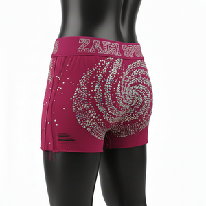 Shorts pour femmes en coton premium extensible avec tissu spandex, couleur vin, strass thermocollés, logo personnalisé - Product Image 5