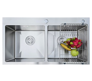 Élégante évier de cuisine double à montage supérieur en acier inoxydable 304, fait main, finition satin brossé, bon prix, usine du Vietnam - Product Image 5