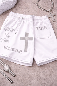 Servicio OEM al por mayor: Pantalones cortos de algodón para hombre con diseño de Jesús, lavado ácido y pedrería, personalizados, de marca privada, color blanco, nueva llegada. - Product Image 4