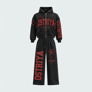 Lightweight Breathable <b>Top</b> Quality Hooded Collar Full <b>Zipper</b> Men's Fashion Tracksuit Set Solid Colors Knitted Rhinestone Vintage - Product Image 2