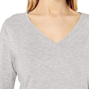 Camiseta de Manga Larga con Cuello en V para Mujer, Color Gris, 100% Algodón Jersey, Corte Regular, Color Sólido Informal, Transpirable, para Todas las Temporadas - Product Image 6