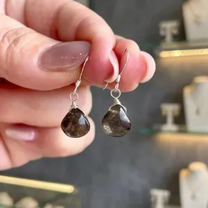 Pendientes de Gota de Piedra Lunar Negra Cacao para Mujer, Chapados en Oro, Plata de Ley 925, Piedra Natural Étnica, Regalo - Product Image 4