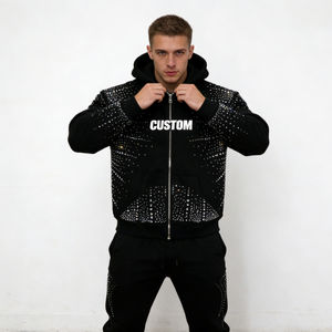 Sudadera con capucha para hombre, de invierno, estilo vintage, tejida, moderna, negra, de forro polar suave, con pedrería, con cremallera, extragrande, para uso diario, informal, para fiestas y estilo urbano - Product Image 3