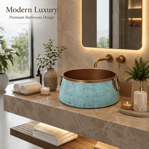 Handcrafted Copper Vessel Wash <b>Basin</b> with Turquoise Hammered Finish Luxury Countertop Bathroom Sink Premium Bathroom wash <b>basin</b> - Product Image 2