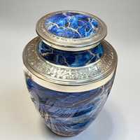 Urne funéraire artisanale en métal bleu avec bordure argentée, ronde, faite à la main, style luxe, pour cadeau de condoléances