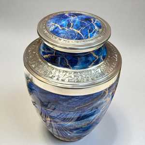 Urne funéraire artisanale en métal bleu avec bordure argentée, ronde, faite à la main, style luxe, pour cadeau de condoléances - Product Image 5
