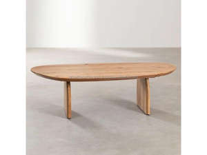 Mesa de Centro Moderna Ovalada de Madera de Mango |   Mesa de Centro Baja Contemporánea |   Mesa Auxiliar de Madera Maciza para Sala de Estar, Comedor y Dormitorio - Product Image 4