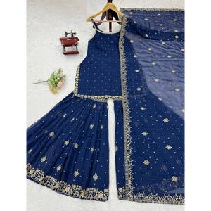 Salwar Kameez de poliéster de diseñador para fiestas, talla XL, conjunto de top y pantalón con dupatta y bordado de lentejuelas. - Product Image 1