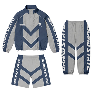 Custom <b>Men</b>’s Windbreaker Tracksuit Set Blue Grey Color Block Sportswear <b>Jacket</b> and Shorts Set Streetwear Athletic Training Suit - Product Image 3