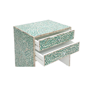 Mesita de noche moderna de lujo con incrustaciones de enredaderas florales blancas y dos cajones hechos a mano, mesita de noche decorativa de Capiz para dormitorio - Product Image 4