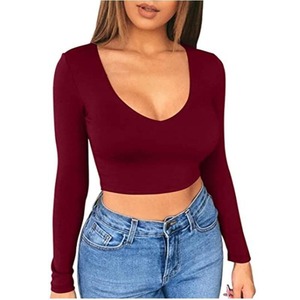 Camiseta de Manga Larga Ajustada de Color Liso Estilo Hot Girl, Top Corto Ultra Corto de Corte Bajo, Pullover Ajustado - Product Image 3