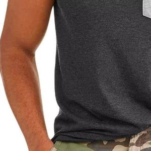 Débardeur en tricot uni pour homme, col rond, respirant, vêtements de sport décontractés avec poche, gris, bordure noire, 100% coton - Product Image 3