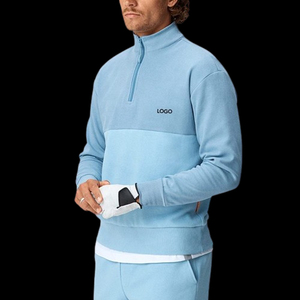 <b>Men's</b> Light Blue Long Sleeve Zipper Knitted Sweatshirt With Matching <b>Shorts</b> Casual Two Piece Set Front Logo Design - Product Image 4