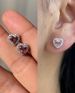 Pink Heart Moissanite <b>Stud</b> Earrings – Velaboo Halo Diamond Design – 925 <b>Silver</b> – Romantic Valentine’s Day Fine Jewelry - Product Image 2