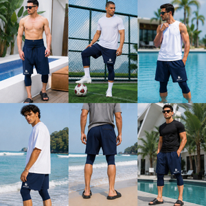 Amriss Men's Solid Navy Blue Halal Bermuda Shorts Manufacturer Quick Dry Double <b>Layer</b> With Drawstring Waist And Embroidered Logo - Product Image 6