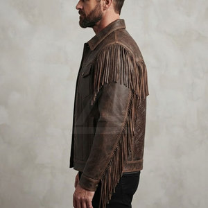 <b>Western</b> Style Leather <b>Jacket</b> For Men Fringe Embossed Cowboy Outerwear For Casual Streetwear Travel And Outdoor Fashion - Product Image 5