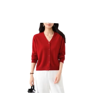 Cárdigan de Punto de Lana con Cuello en V para Mujer, Manga Larga, Color Sólido, Cierre de Botones, Elegante, para Otoño, de Alta Calidad - Product Image 1