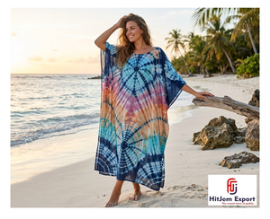 Vestido Kaftán Personalizado para Mujer con Estampado Tie-Dye, Traje de Playa, Ropa de Verano para Resort, Fabricante de Productos de Tela OEM ODM - Product Image 3