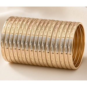 ORO-Z Traditional Unique Three Tone Gold Plated <b>Bangle</b> Elegant <b>Engraved</b> Geometric Pattern Women's Anniversary Premium Fashion - Product Image 3