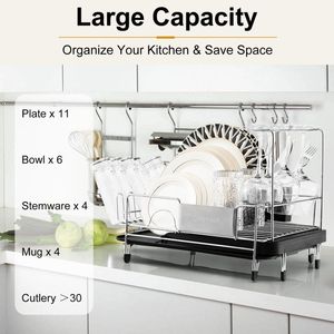 Égouttoir à vaisselle extensible en acier inoxydable avec bec pivotant et plateau de drainage - Product Image 1