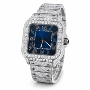 Reloj de Lujo con Esfera Azul Completamente Adornada con Moissanita, Reloj Unisex de Acero Inoxidable con Números Romanos y Visualización de Fecha - Product Image 1