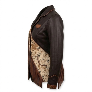 Piping Edge Notch Lapel Womens Genuine Leather <b>Jacket</b> Natural Cowhide Fur Heavy <b>Fringe</b> Diagonal Striped Blazer - Product Image 4