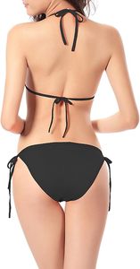 Wholesale Sexy Women's Black <b>Bikini</b> Set With Halter Neckline And Side Tie Bottom Solid Color Swimwear - Product Image 3