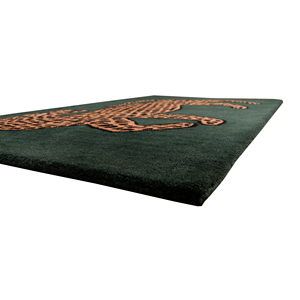 Tapis rectangulaire moderne en laine tuftée à la main, motif guépard artistique, fond vert foncé, graphisme léopard orange, poils courts en coton - Product Image 4