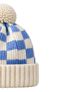 Gorro de Punto Personalizado a Cuadros Azules y Blancos, Gorro de Invierno Cálido con Pompón, Gorro de Punto Grueso Unisex, Gorro con Logo Personalizado, Proveedor OEM - Product Image 2