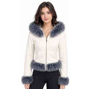 Veste d'hiver pour femme, à capuche, avec garniture en fausse fourrure crème, fermeture éclair, manches courtes, coupe régulière, coupe-vent, en polaire, couleur unie, avec capuche - Product Image 5