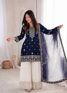 Robe Anarkali traditionnelle indienne et pakistanaise bleu marine pour femmes, brodée, avec dupatta, tenue décontractée en coton - Product Image 2