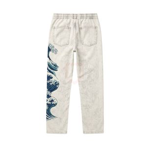 Pantalon décontracté pour homme en coton blanc avec imprimé vague bleue, coupe ample, matière respirante, style minimaliste - Product Image 2