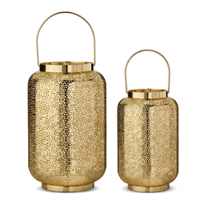 K GOLDEN <b>BRASS</b> Vintage Decorative Handmade Metal Hurricane <b>Lantern</b> Candle Holder Set Rustic for Living Room Patio Home - Product Image 1