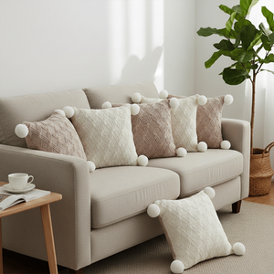 Ensemble de 6 taies d'oreiller SOGA, marron et ivoire, tricot diamanté avec pompons, élégantes et décoratives, pour coussins décoratifs - Product Image 2